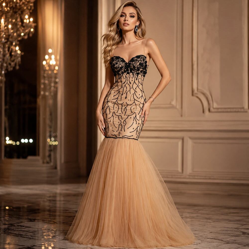Tarik Ediz Gown 2 XS Nude Champagne Florida 92390 Beaded Mermaid Sheer Prom